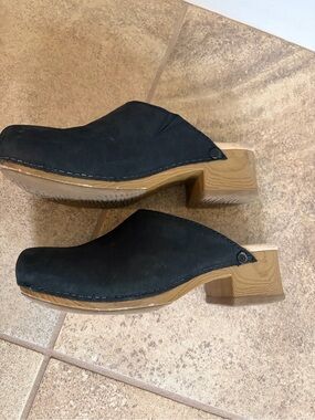 Dansko Black Suede Clog Mules with Natural Wood Heel